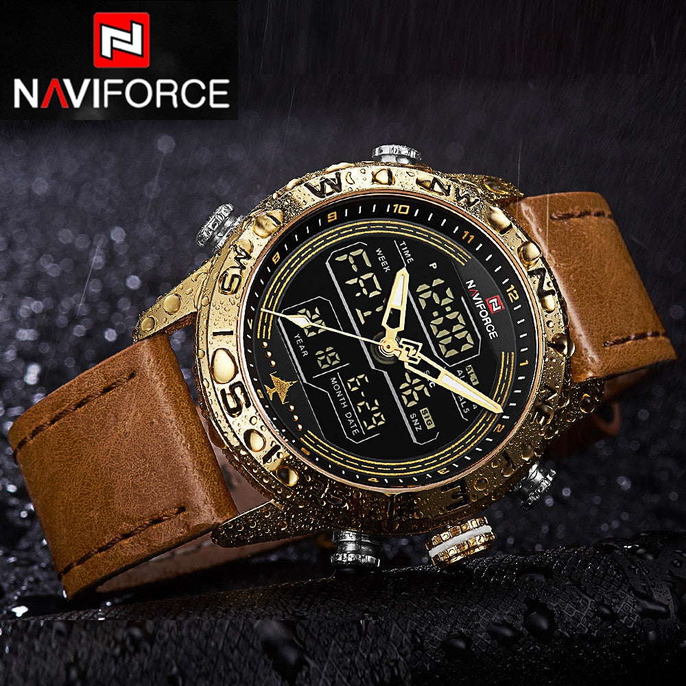 NAVIFORCE Fashion Leather Gold Men Sport Watches